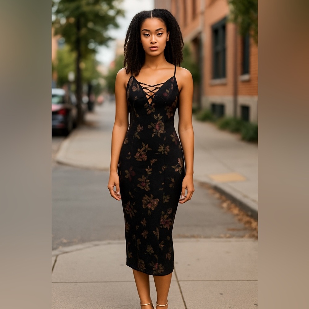 Floral Black Strappy Dress BodyCon Small Windsor Caged Front